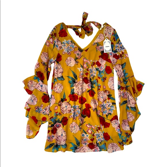 entro Dresses & Skirts - ENTRO yellow floral waterfall sleeve shirt dress S